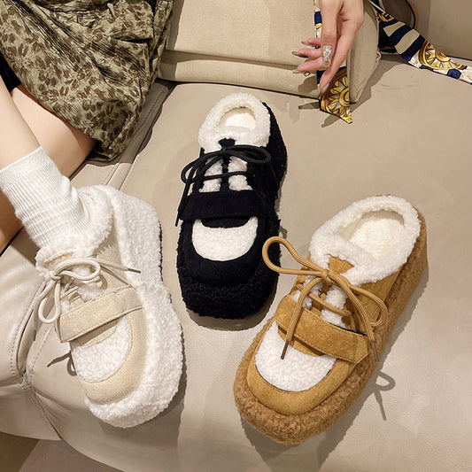 Cozy Fleece Platform Sneakers with Lace-Up Design