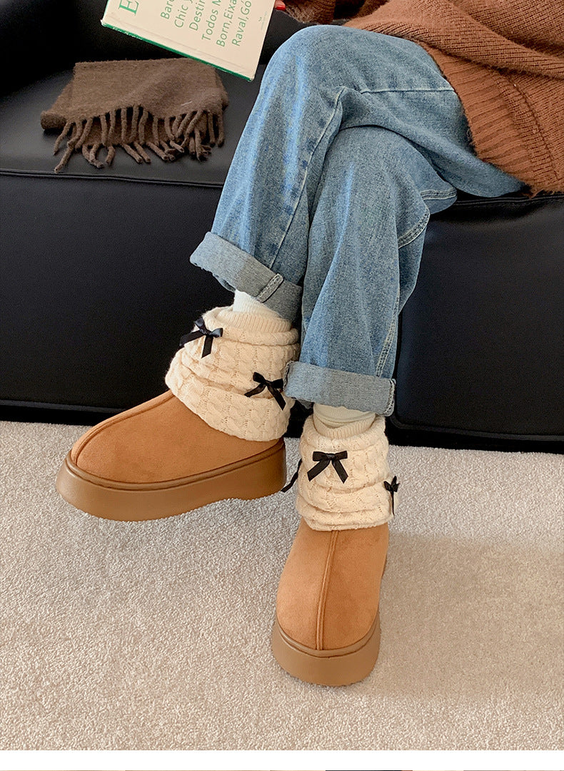 Plush Knit Ribbon Winter Boots