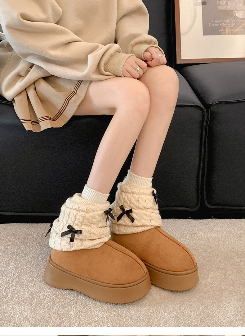 Plush Knit Ribbon Winter Boots