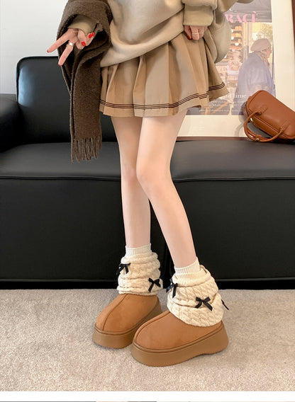 Plush Knit Ribbon Winter Boots