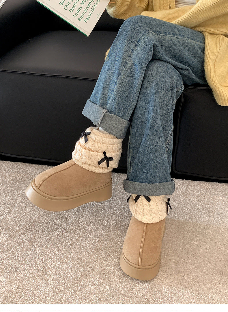 Plush Knit Ribbon Winter Boots