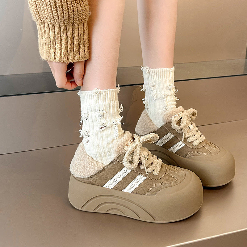 Fuzzy Lace-Up Chunky Sneakers