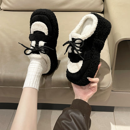 Cozy Fleece Platform Sneakers with Lace-Up Design