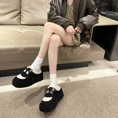 Cozy Fleece Platform Sneakers with Lace-Up Design