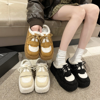 Cozy Fleece Platform Sneakers with Lace-Up Design