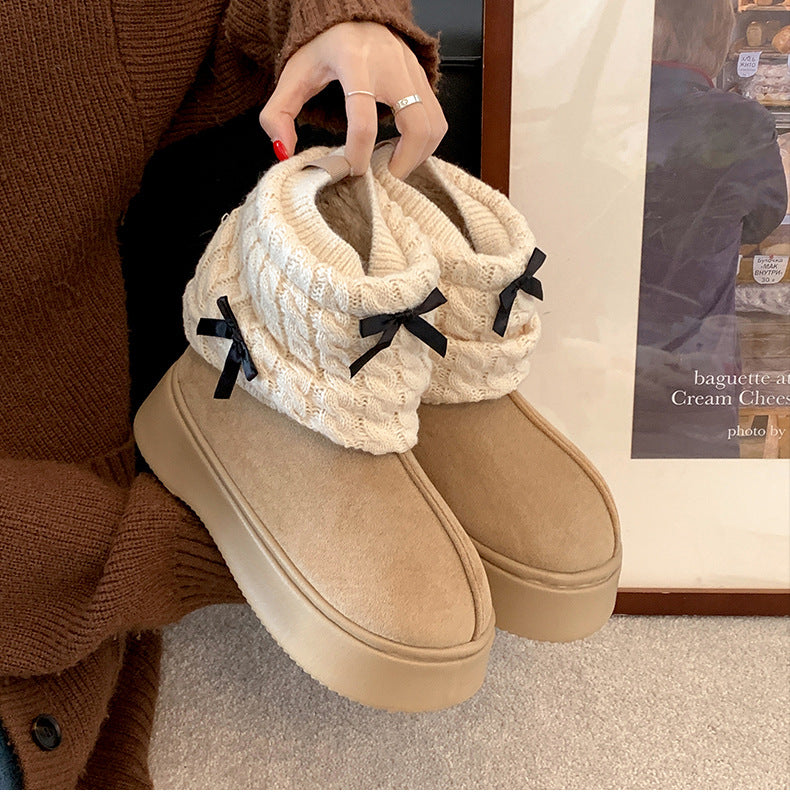 Plush Knit Ribbon Winter Boots