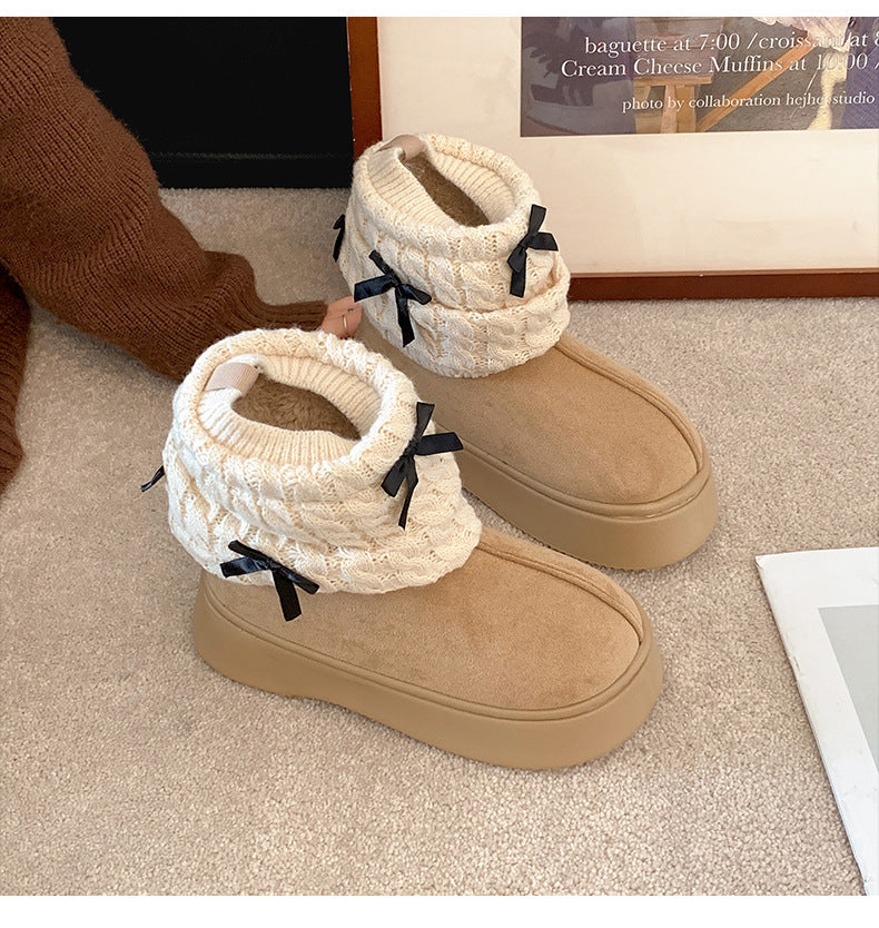 Plush Knit Ribbon Winter Boots