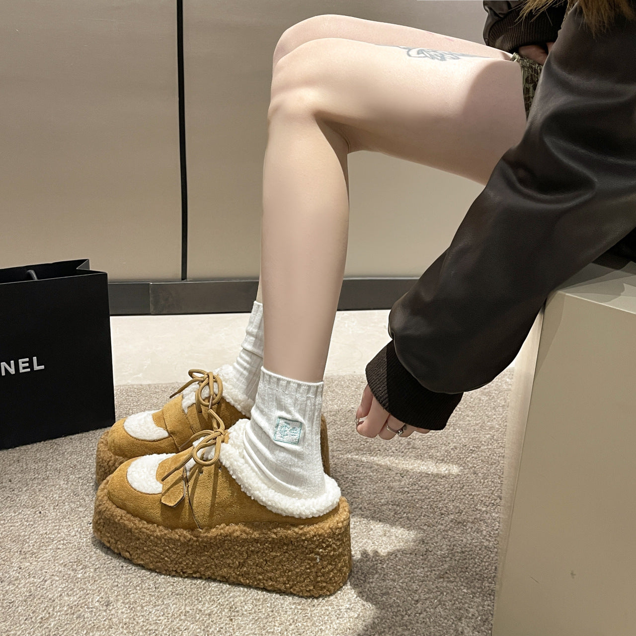 Cozy Fleece Platform Sneakers with Lace-Up Design