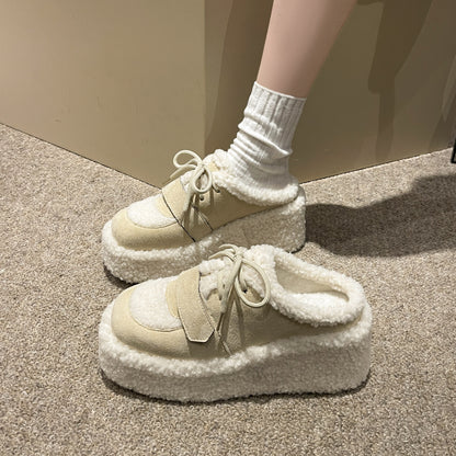 Cozy Fleece Platform Sneakers with Lace-Up Design