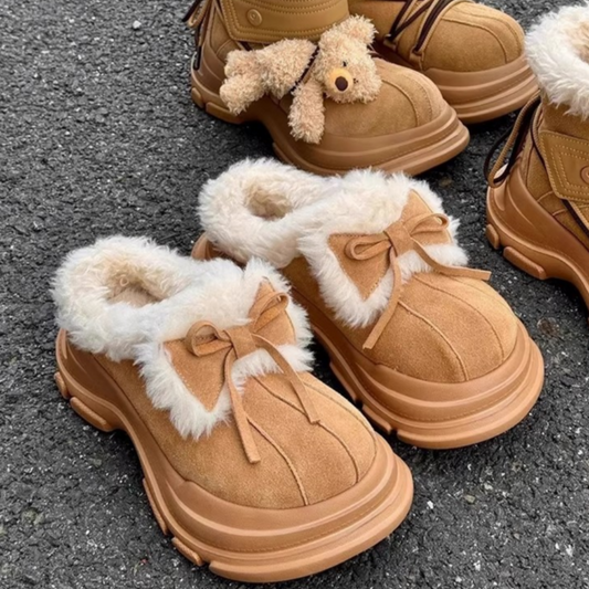 Warm Faux Fur Lined Platform Slippers with Bow Detail