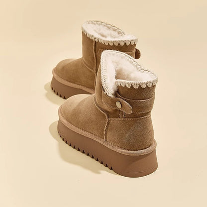 Plush Faux Fur Ankle Boots with Snap-Button Detail & Non-Slip Sole