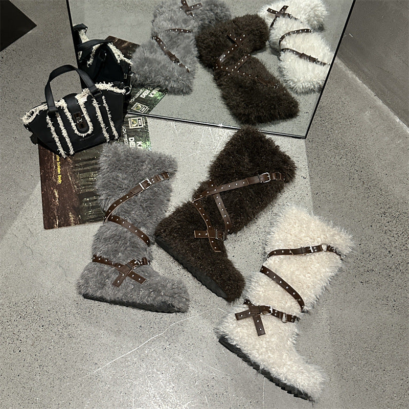 Plush Buckle Fur Boots