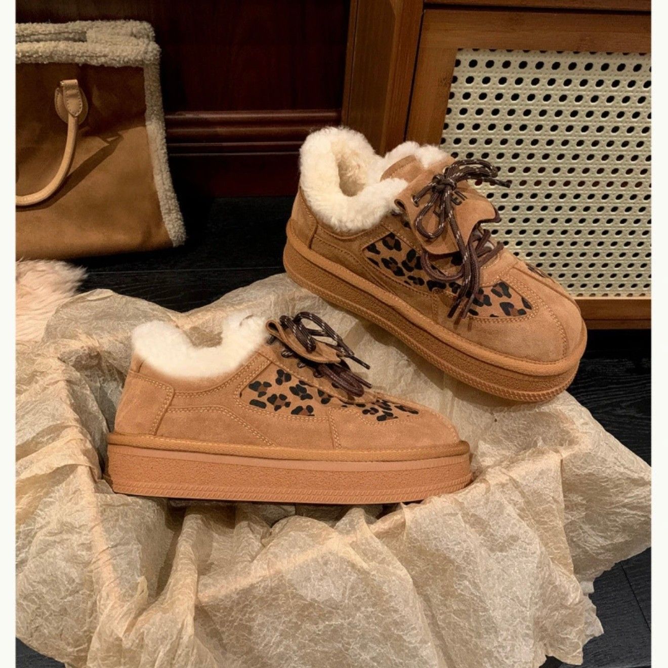 Leopard Print Fuzzy Platform Sneakers